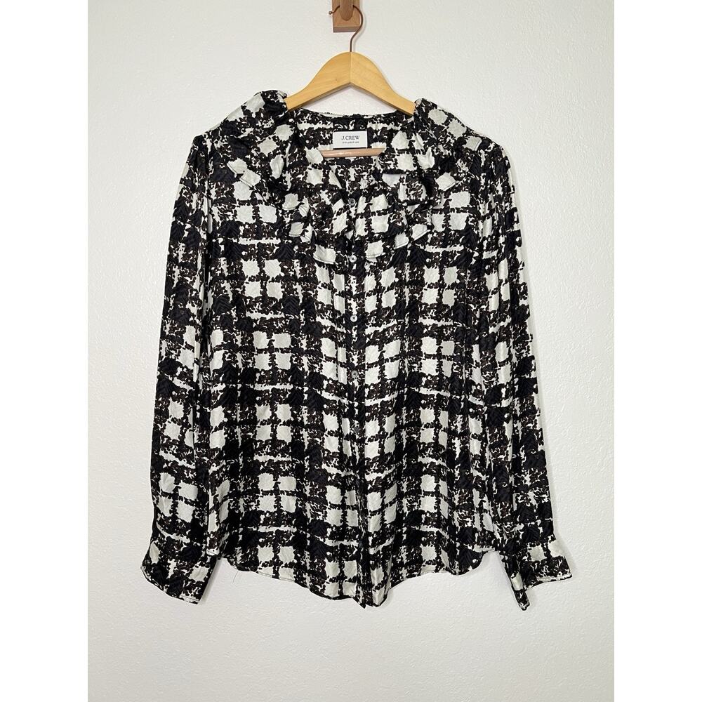 J. Crew Collection Silk Blouse Black Cream Plaid Ruffle Collar Size XXL Coquette